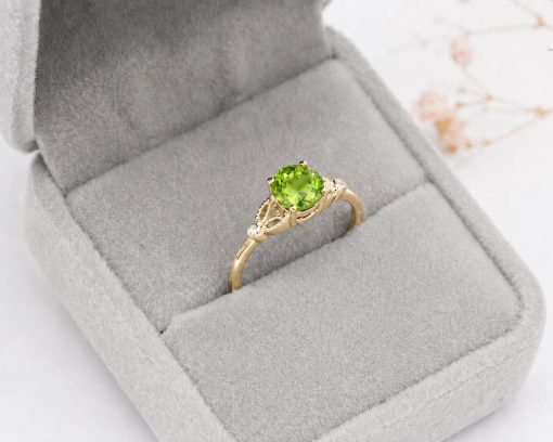 Peridot Gold Ring, Diamond Accent Engagement Ring, Green Gemstone Ring, Vintage Inspired Gold Promise Ring, Nature Inspired Ring