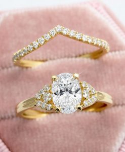 Oval Lab Diamond Bridal Set 14k Gold Art Deco Engagement Ring - Image 3
