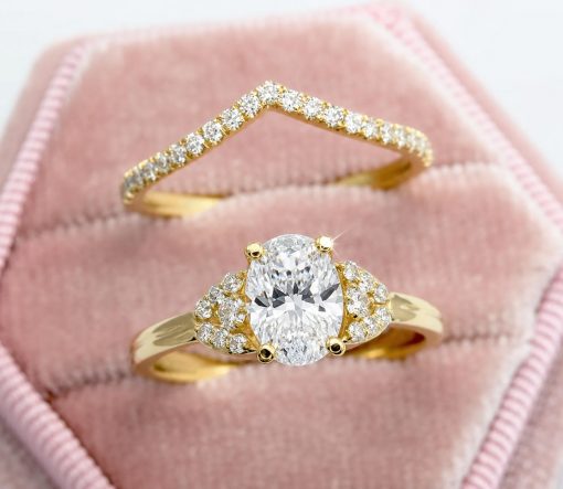 Oval Lab Diamond Bridal Set 14k Gold Art Deco Engagement Ring Oval Lab Diamond Bridal Set 14k Gold Art Deco Engagement Ring