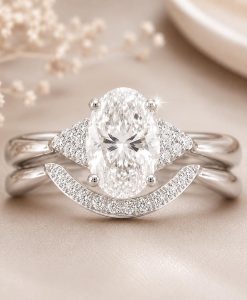 Oval Lab Grown Diamond Bridal Set, Vintage Style Engagement Ring With Curved Wedding Band - Image 4