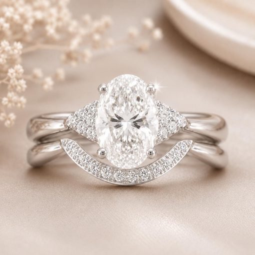 Oval Lab Grown Diamond Bridal Set, Vintage Style Engagement Ring With Curved Wedding Band