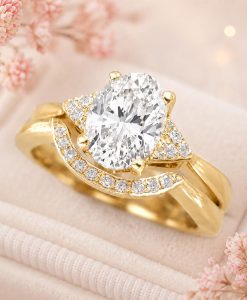 Oval Lab Grown Diamond Bridal Set, Vintage Style Engagement Ring With Curved Wedding Band