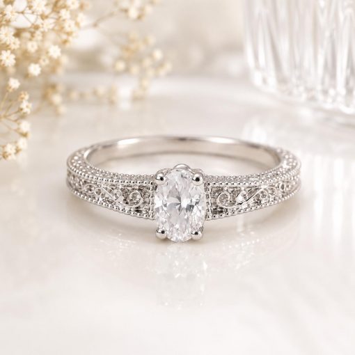Lab Diamond Oval Celtic Engagement Ring 14k White Gold Vintage Filigree Band