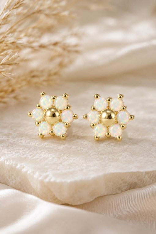 Opal Flower Stud Earrings in 14K Rose Gold | Dainty Opal Cluster Earrings | Minimalist Floral Earrings | October Birthstone Gift