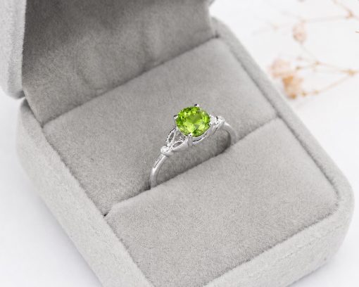 Peridot Gold Ring, Diamond Accent Engagement Ring, Green Gemstone Ring, Vintage Inspired Gold Promise Ring, Nature Inspired Ring