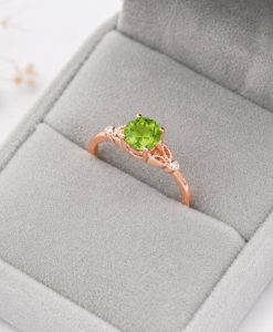 Peridot Gold Ring, Diamond Accent Engagement Ring, Green Gemstone Ring, Vintage Inspired Gold Promise Ring, Nature Inspired Ring - Image 4