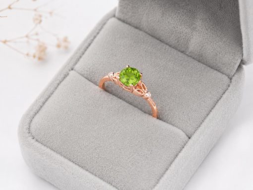 Peridot Gold Ring, Diamond Accent Engagement Ring, Green Gemstone Ring, Vintage Inspired Gold Promise Ring, Nature Inspired Ring