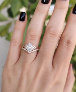 Oval Lab Diamond Bridal Set 14k Gold Art Deco Engagement Ring - Image 2