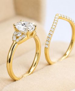Oval Lab Diamond Bridal Set 14k Gold Art Deco Engagement Ring - Image 4