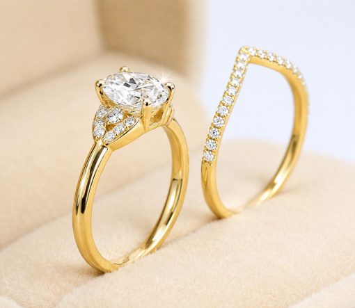 Oval Lab Diamond Bridal Set 14k Gold Art Deco Engagement Ring Oval Lab Diamond Bridal Set 14k Gold Art Deco Engagement Ring