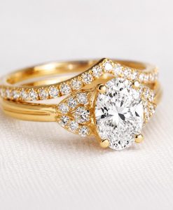 Oval Lab Diamond Bridal Set 14k Gold Art Deco Engagement Ring