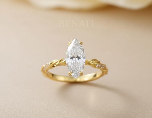 1.50 CT Marquise Lab Grown Diamond Engagement Ring 14K Gold | Nature Inspired Floral Ring