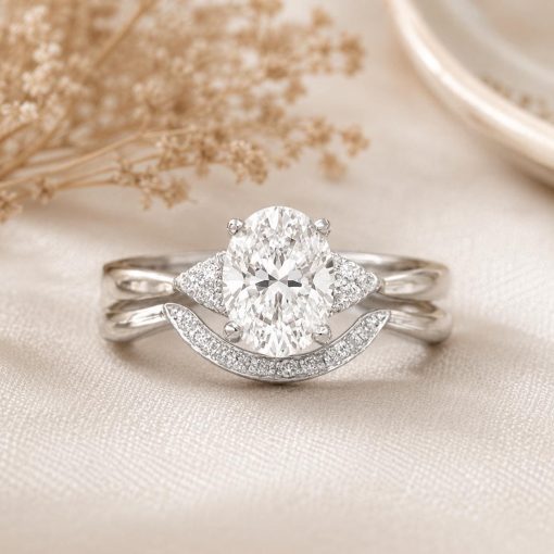 Oval Lab Grown Diamond Bridal Set, Vintage Style Engagement Ring With Curved Wedding Band