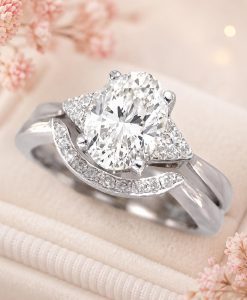 Oval Lab Grown Diamond Bridal Set, Vintage Style Engagement Ring With Curved Wedding Band - Image 3