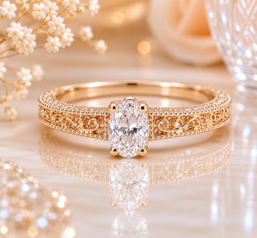 Lab Diamond Oval Celtic Engagement Ring 14k White Gold Vintage Filigree Band