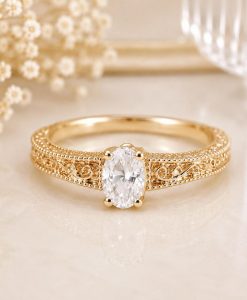 Lab Diamond Oval Celtic Engagement Ring 14k White Gold Vintage Filigree Band