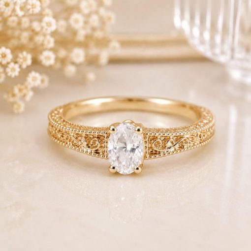 Lab Diamond Oval Celtic Engagement Ring 14k White Gold Vintage Filigree Band