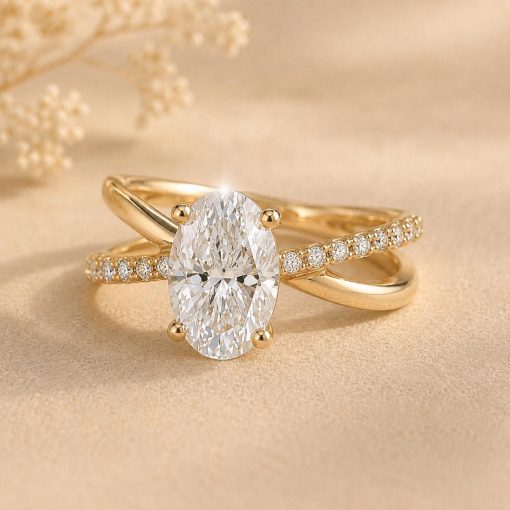 2 CT Lab Grown Oval Diamond Pave Engagement Ring, 14K Gold Solitaire Ring