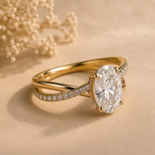 2 CT Lab Grown Oval Diamond Pave Engagement Ring, 14K Gold Solitaire Ring