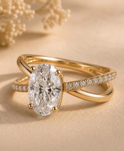 2 CT Lab Grown Oval Diamond Pave Engagement Ring, 14K Gold Solitaire Ring - Image 5