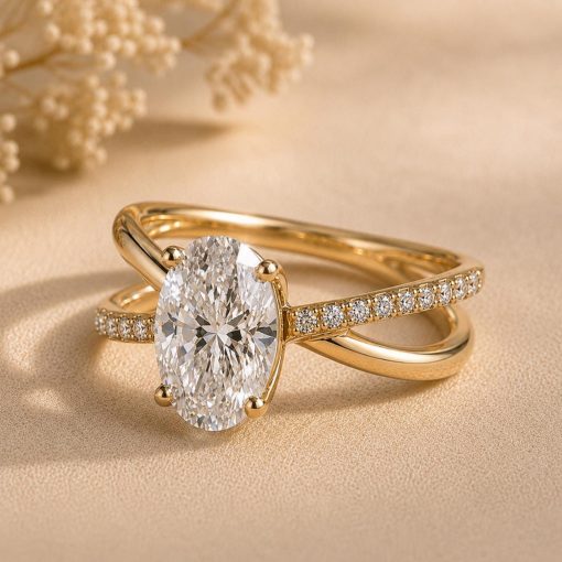 2 CT Lab Grown Oval Diamond Pave Engagement Ring, 14K Gold Solitaire Ring