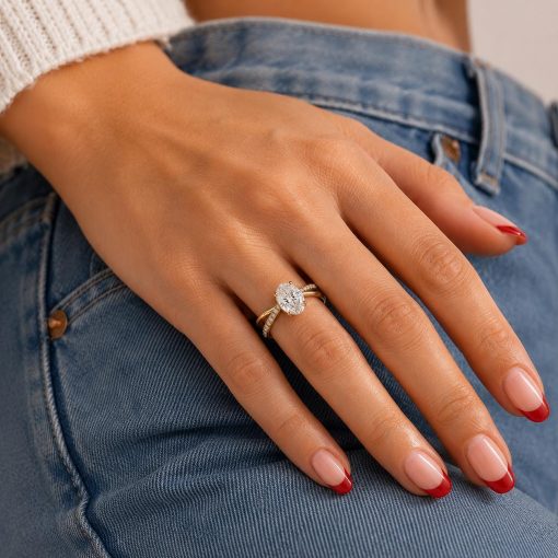 2 CT Lab Grown Oval Diamond Pave Engagement Ring, 14K Gold Solitaire Ring