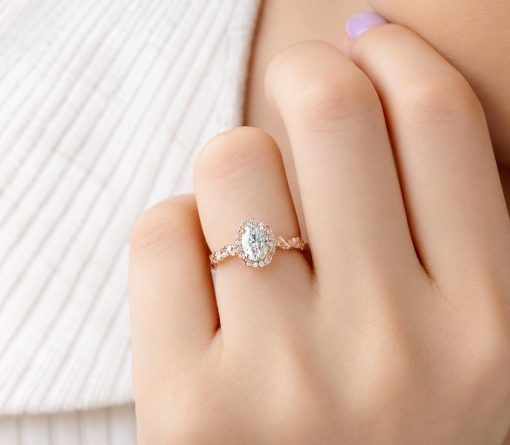 Lab Grown Oval Halo Floral Diamond Engagement Ring, 14K Gold Nature Inspired