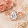 Lab Grown Oval Halo Floral Diamond Engagement Ring, 14K Gold Nature Inspired