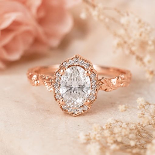 Lab Grown Oval Halo Floral Diamond Engagement Ring, 14K Gold Nature Inspired