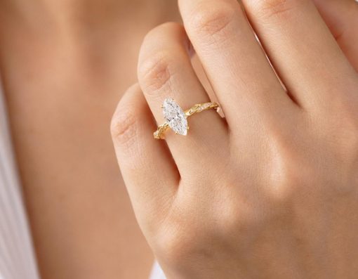 1.50 CT Marquise Lab Grown Diamond Engagement Ring 14K Gold | Nature Inspired Floral Ring