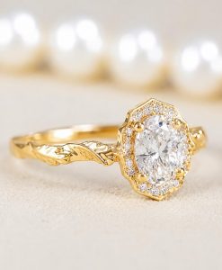 Lab Grown Oval Halo Floral Diamond Engagement Ring, 14K Gold Nature Inspired