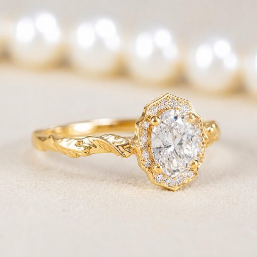 Lab Grown Oval Halo Floral Diamond Engagement Ring, 14K Gold Nature Inspired