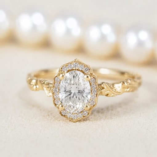 Lab Grown Oval Halo Floral Diamond Engagement Ring, 14K Gold Nature Inspired