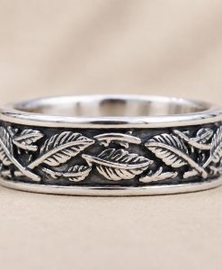 8mm Sterling Silver Leaf Ring | Feather Nature Inspired Rustic Woodland Wedding Band - Image 2