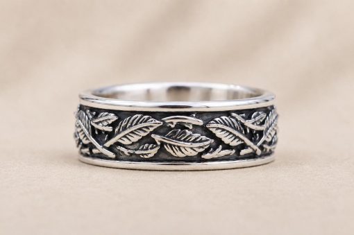 8mm Sterling Silver Leaf Ring | Feather Nature Inspired Rustic Woodland Wedding Band