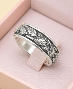 8mm Sterling Silver Leaf Ring | Feather Nature Inspired Rustic Woodland Wedding Band - Image 3