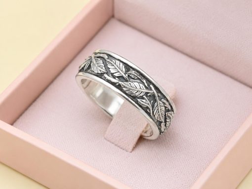 8mm Sterling Silver Leaf Ring | Feather Nature Inspired Rustic Woodland Wedding Band