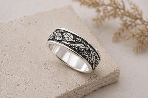 8mm Sterling Silver Leaf Ring | Feather Nature Inspired Rustic Woodland Wedding Band