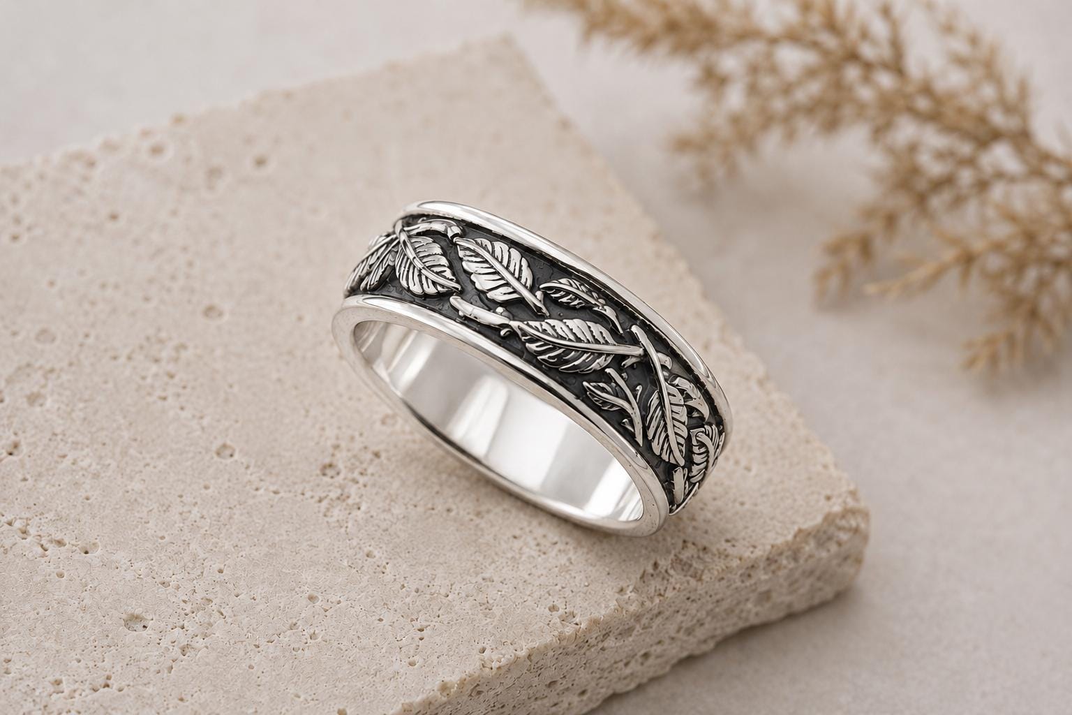 8mm Sterling Silver Leaf Ring | Feather Nature Inspired Rustic Woodland Wedding Band