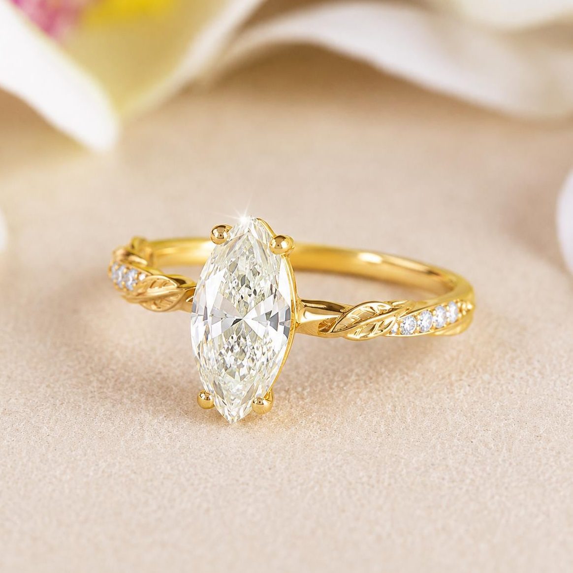 1.50 CT Marquise Lab Grown Diamond Engagement Ring 14K Gold | Nature Inspired Floral Ring