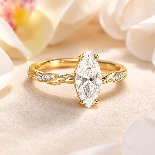 1.50 CT Marquise Lab Grown Diamond Engagement Ring 14K Gold | Nature Inspired Floral Ring