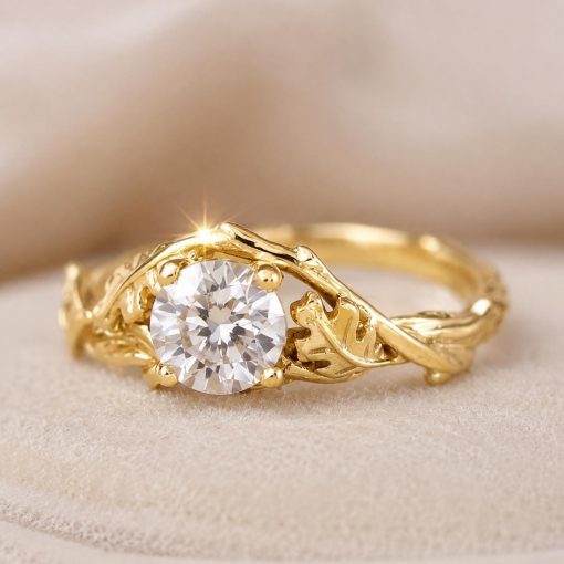 3/4 CT Nature Inspired Lab Grown Diamond Ring, Unique Bark Wood Vine Leaves Engagement Ring