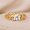 3/4 CT Nature Inspired Lab Grown Diamond Ring, Unique Bark Wood Vine Leaves Engagement Ring