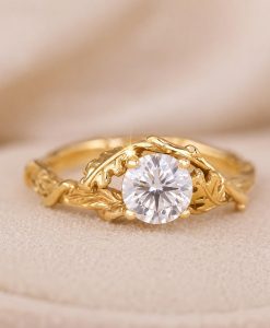 3/4 CT Nature Inspired Lab Grown Diamond Ring, Unique Bark Wood Vine Leaves Engagement Ring