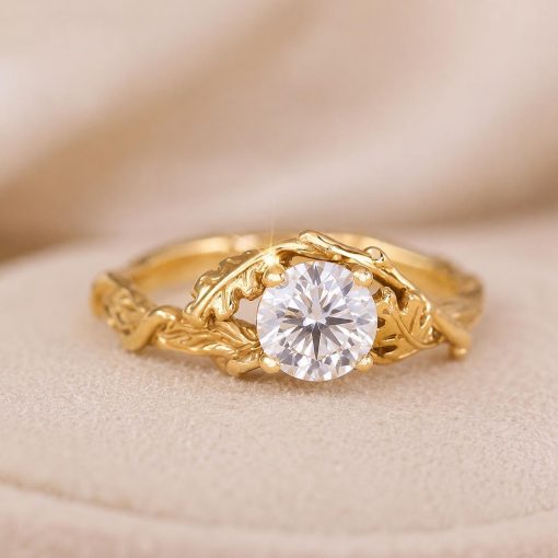 3/4 CT Nature Inspired Lab Grown Diamond Ring, Unique Bark Wood Vine Leaves Engagement Ring