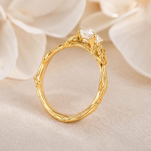 3/4 CT Nature Inspired Lab Grown Diamond Ring, Unique Bark Wood Vine Leaves Engagement Ring