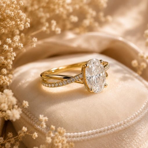 2 CT Lab Grown Oval Diamond Pave Engagement Ring, 14K Gold Solitaire Ring