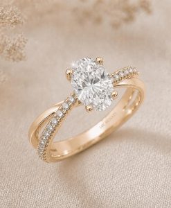 2 CT Lab Grown Oval Diamond Pave Engagement Ring, 14K Gold Solitaire Ring