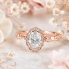 Lab Grown Oval Halo Floral Diamond Engagement Ring, 14K Gold Nature Inspired