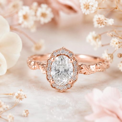 Lab Grown Oval Halo Floral Diamond Engagement Ring, 14K Gold Nature Inspired